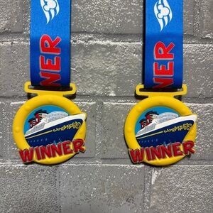 2 Lot Disney Cruise Line DCL Ship Winner Medal PVC Medallion Blue Lanyard Ribbon